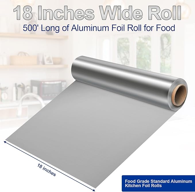 Aluminum Foil Heavy Duty 18 inch Wide, 500 FT Heavy Duty Food Safe Foil Wrap for Cooking, Baking, Grilling, (Pack of 4) Pony Packaging Aluminum Roll 23 Microns Thick - Commercial Grade