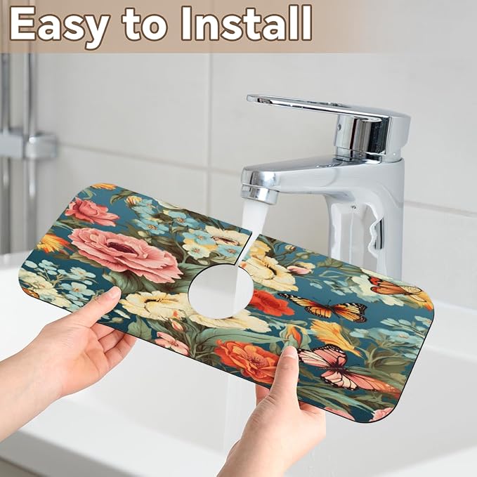 Vivid Flora Butterfly Blend Kitchen Faucet Mat Splash Guard, 15.4”x5.7” Absorbent Quick Drying Sink Mat for Countertop Protection, Draining Mat Sink Protectors For Kitchen Bathroom, 2 Pack
