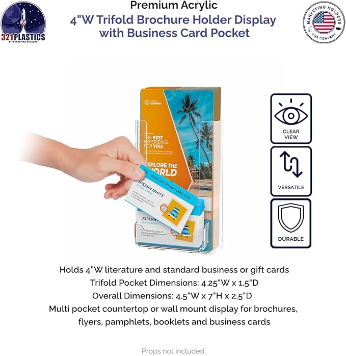 Marketing Holders 2 Pack Brochure Holder 4 Inch Rack Cards Display with 3.5" x 2" Business Card Slot TriFold Graphic Flyer Zoos Retail Sales Rack Cards Clear Acrylic Organizer