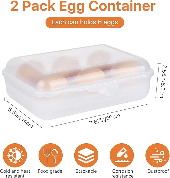 Boocalny 2 Pack 6 Grid Egg Holder, Plastic Egg Container for Fridge, Shockproof Leak-proof Egg Carrier, Portable Egg Tray Egg Storage Box for Camping Picnic Hiking Travel Outdoor (Clear White)