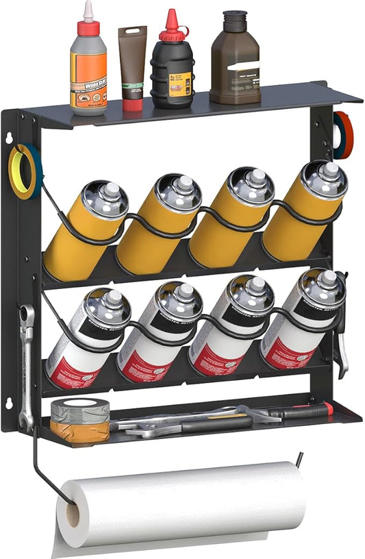 Spray Paint Can Holder with Paper Towel Holder for Home Garage Organizer, Wall Mount Paint Bottle Tool Utility Storage Rack with 8 Holes & 2 Shelf for Shop, Black