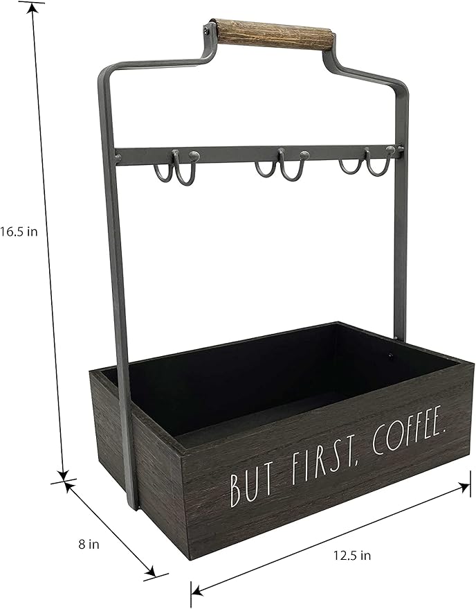 Rae Dunn Coffee Mug Holder - 6 Hook Coffee Cup Rack with Rectangular Rustic Style Crockery Holder - Storage or Display - Mug Stand Organizer for Kitchen Counter or Cafe Countertop - But First Coffee