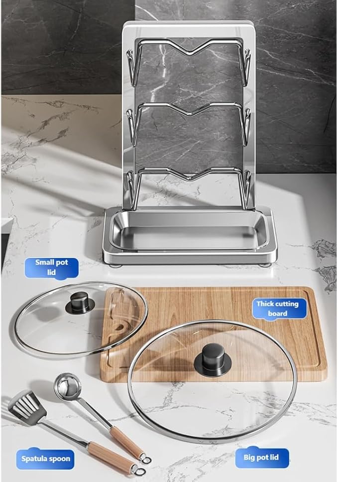 Kitchen Pot Lid Storage Rack, Pot Lid Holder With Tray, Lid Holder While Cooking, Lid And Spoon Rest, Multifunctional Kitchen Organizer Stand for Stove Top (Wall Mount, Double-layer)