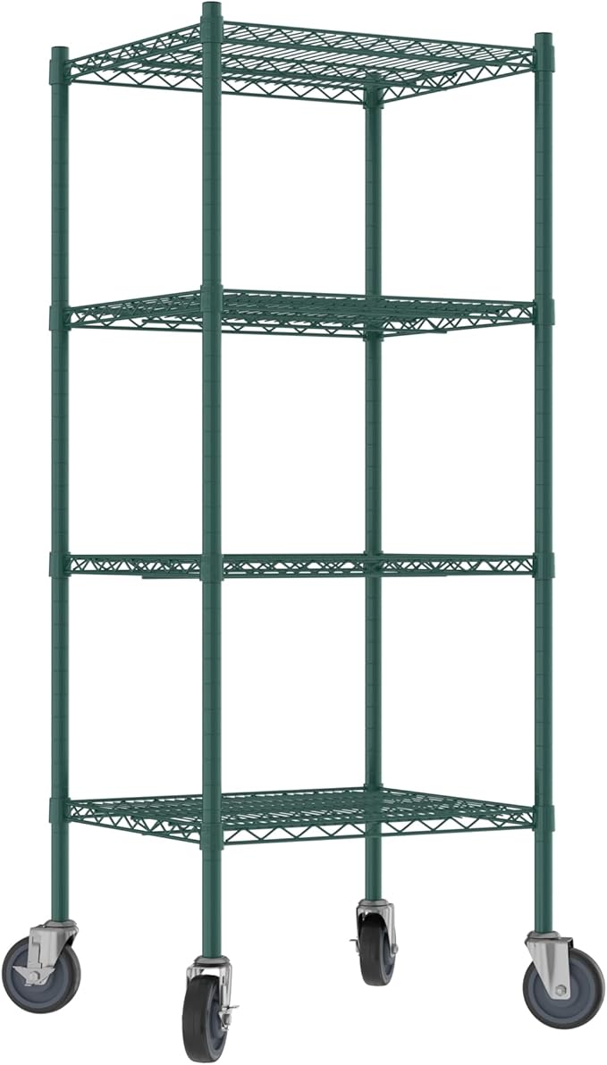 Commercial NSF Listed Green Epoxy Mobile Wire Shelving Kit 21" x 24" x 60", with 4 Shelves Perfect for Warehouse, Walk-in Refrigerator, Freezer, Grocery Store, Restaurant, Dishroom