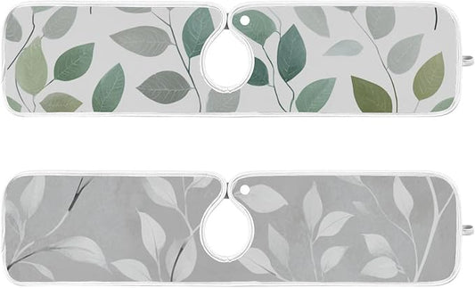 2 PCS Kitchen Sink Splash Guard 23.6 Inch Faucet Mat for Kitchen Sink Bathroom Sink Faucet Absorbing Drip Drain Mat Pad Microfiber Soft Washable Green and Grey Leaves
