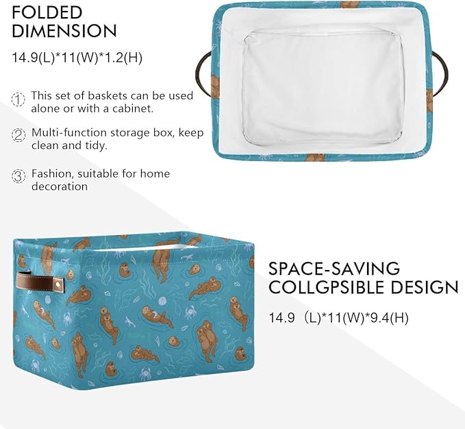 Storage Basket Cube Sea Animal Otter Coral Large Collapsible Toys Storage Box Bin Laundry Organizer for Closet Shelf Nursery Kids Bedroom,15x11x9.5 in,1 Pack