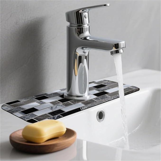 Kitchen Sink Splash Guard，White-black gray tiles Faucet Mat Sink Gadgets-Super Absorbent Fast Drying Mat Drip Catcher for Kitchen, Bathroom,Sink Mat, Dish Drying Mat, Bathroom(15" X 5.5" )