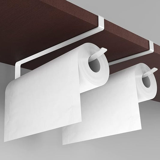 Paper Roll Holder, KIKISML 2 Pack Paper Towel Holder Cabinet Hanging Kitchen Roll Hanger Dispenser Storage Rack Towel Necktie Bedroom Toilet Organization Storage [No Drilling No Tool Required]- White