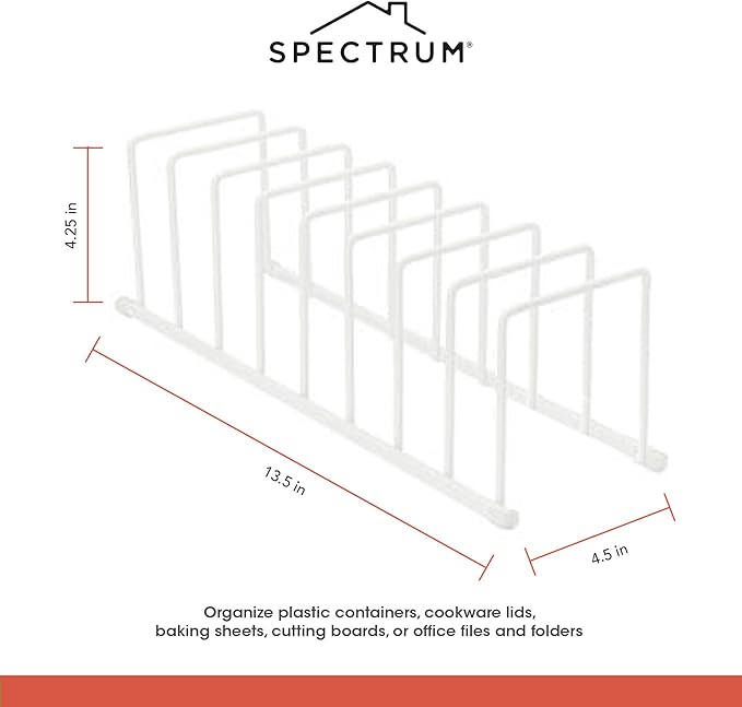 Spectrum Euro Cutting Board Holder Stand for Countertop or Inside Kitchen Cabinet Organization Matte White, 8 Slot Cutting Board Drying Rack or Cabinet Plate Bakeware Storage Organizer