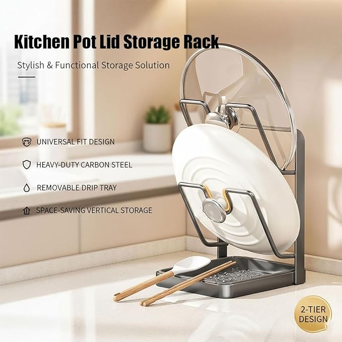 Kitchen Pot Lid Storage Rack, Kitchen Pot Lid Holder, Pots Lids Organizer Rack with Removable Drip Tray, Multifunctional Utensils Pan Pots Cover Lids Rack Shelf for Storage (Begie, Single-layer)