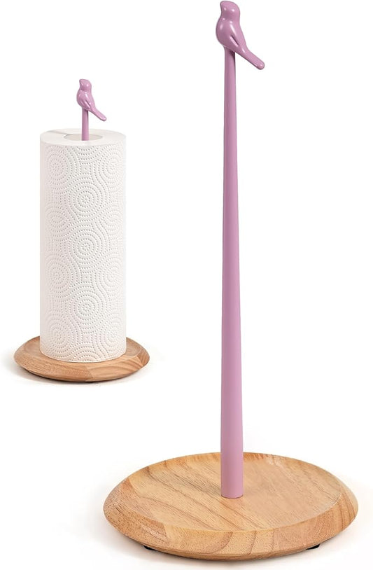 Wooden Paper Towel Holder countertop, Stylish Bird Shaped,Solid Wood Base&Iron Top, with Non-Slip Mat, Stable&Durable,Paper Towel Holder Farmhouse Style to Elevate Your Kitchen's Décor (Pink)