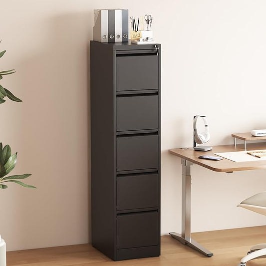 5 Drawer File Cabinet with Lock, Vertical Filing Cabinets for Home Office, Metal Storage Cabinets, Heavy Duty File Cabinet for Letter/Legal/A4/F4 Size Amsseble Required, Black
