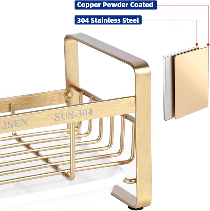 HULISEN Kitchen Sink Sponge Holder, 304 Stainless Steel Kitchen Soap Dispenser Organizer, Countertop Drainer with Removable Tray, not Including Dispenser and Brush, Gold