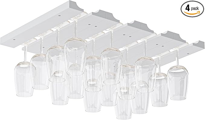 Rustic State Vigo 4 Sectional Adjustable Under Cabinet Mount Wood Stemware Rack Hanging Shelf Glassware Holder Bar Organizer with up to 12 Wine Glass Storage 12 Inch Deep White
