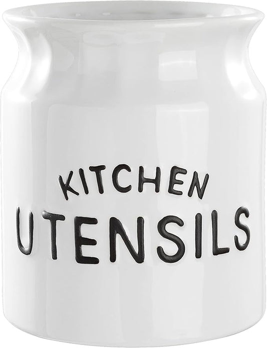 Utensil Holder, Ceramic Farmhouse Kitchen Utensil Holder for Kitchen Counter, 6.5" Large Cooking Utensil Crock for Countertop, White