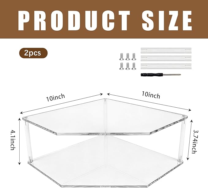 Acrylic Corner Shelf (2 Pack), 2 Tier Acrylic Plate Organizer for Cabinet & Countertop, Pantry Dish and Spice Rack for Kitchen Storage