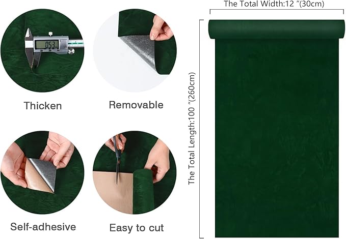 CHIHUT 12''x100'' Green Self Adhesive Velvet Flocking Liner Sheet Soft Felt Fabric Velvet Drawer Liner Roll Thick Removable Velvet Fabric Peel and Stick Contact Paper for Jewelry Box Lining DIY