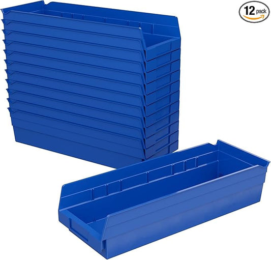 Akro-Mils 30138 Plastic Shelf Bins, Heavy Duty Storage Bins for Garage, Closet, and Drawer Organization, 18" x 6-1/2" x 4", Blue, 12-Pack