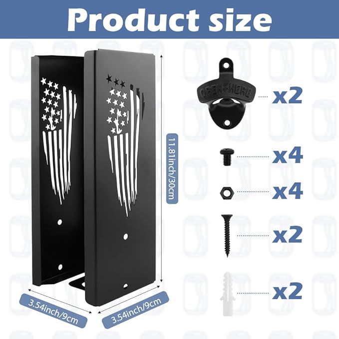 2 in 1 Metal Can Cooler Holder with Bottle Opener, Wall Mount Beer Sleeves Organizer & Dispenser for Standard Can Cooler, 12" Home Bar Storage, Ideal Gift for Men Dad