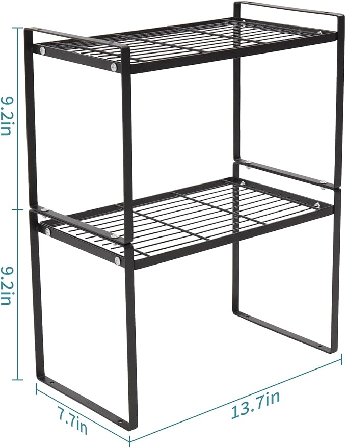 MiaLi Cabinet Organizer Shelf, Set of 2 Metal Counter Shelves Spice Rack, Stackable Kitchen Bathroom Organizers and Storage, Black
