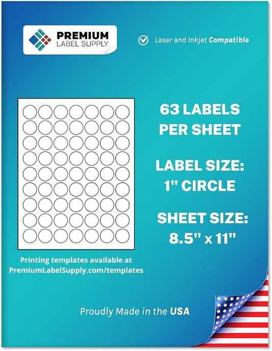 Premium Label Supply White Sticker Round Labels – 1" Circle – Laser/Inkjet Compatible – (63 per Sheet), 25 Sheets – 1,575 Total Adhesive Labels