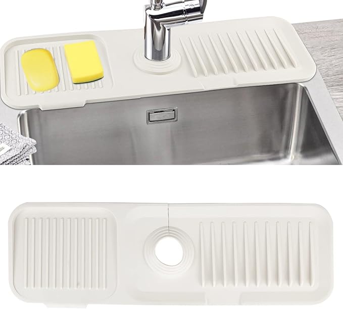 Sink Splash Guard, Silicone Sink Faucet Mat Sink Accessories Faucet Absorbent Mat for Kitchen, Bathroom, Sink Sponge Holder (White)