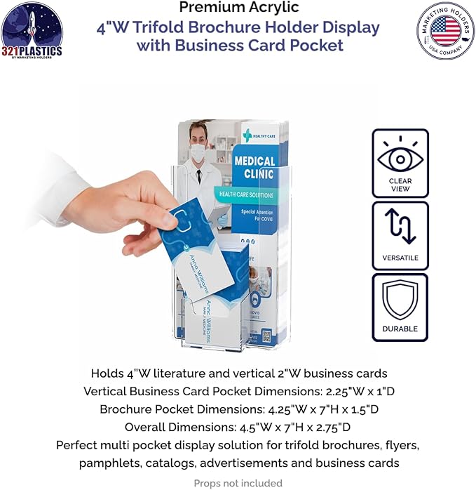 Marketing Holders 2 Pack Brochure Holder with Hardware for 4 Inch Trifold Flyers and 2" x 3.5" Printed Media Cards for Tourist Attractions Gift Shops Retail Stores Rack Clear Acrylic Wall Mount