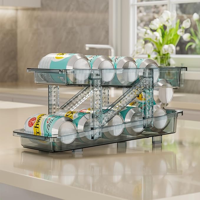 Xicennego Adjustable Soda Organizer for Refrigerator, Cabinets, Countertops - Beverage Dispenser for Standard, Skinny, Tall Cans (Blue)