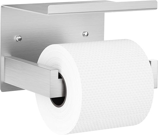 Auxmir No Drilling Self Adhesive Toilet Paper Holder, Premium Rustproof SUS304 Stainless Steel Roll Holder Wall Mount Tissue Holder for Bathroom Kitchen Washroom, Toilet Paper Holder with Shelf-Silver