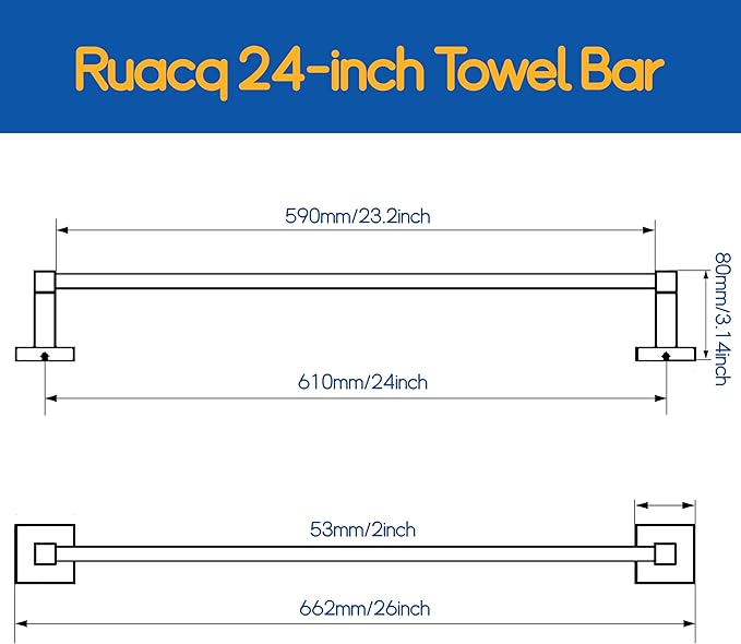 RUACQ Towel Bar 24inch, Towel Racks for Bathroom, 304 Stainless Steel Towel Holder Wall Mounted, Heavy Duty Bathroom Decor Towel Rod (Chrome)