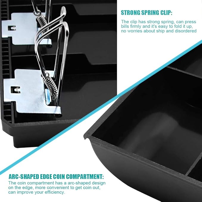 Cash Register Drawer Insert Tray 4 Bill/3 Coin Compartments with Metal Clip for Money Storage, Black