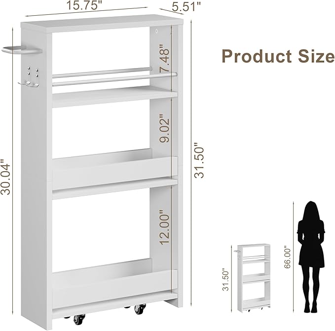 ChooChoo 4-Tier Bathroom Storage Cart, 5.5 inches Wide Narrow Storage Cabinet with 360° Wheels and 2 Hooks, Space-Saving Organizer for Kitchen, Narrow Places, Home Office, White