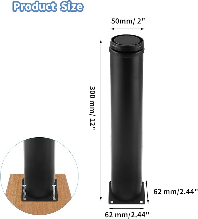 Set of 4 Stainless Steel Furniture Legs 12 Inch, Adjustable Round Cabinet Legs 2" Dia Kitchen Feet, Metal Replacement Legs for Cabinet Sofa Couch Shelves Table (Black)