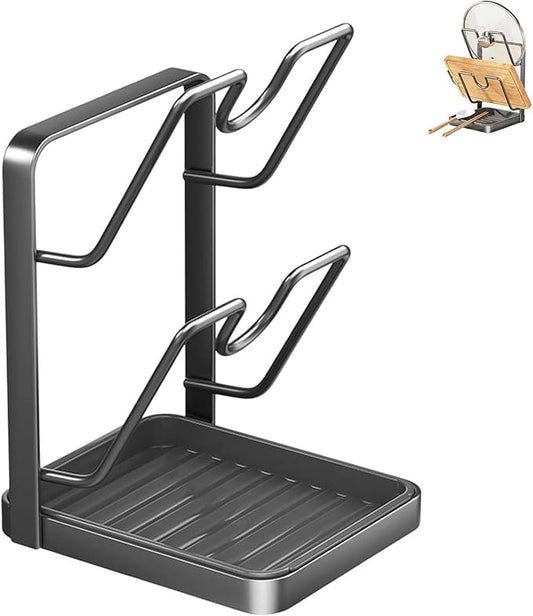 Kitchen Lid Holder While Cooking,Kitchen Pot Lid Storage Rack With Tray,Lid And Spoon Holder While Cooking,Pot Lid Organizer Rack (grey - B)