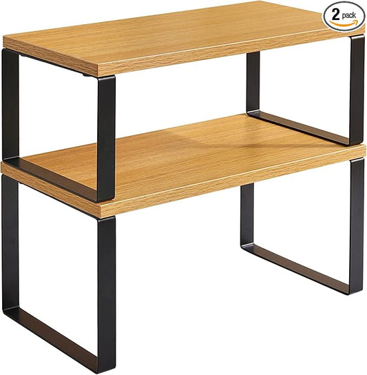 YMYNY Cabinet Shelf Organizer, Countertop Shelves Set of 2, Kitchen Spice Racks, Stackable, Storage Racks for Cupboard, Sink, Pantry, Bathroom, Natural, Metal, UHSR002N