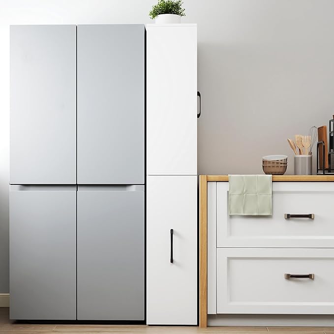 White Tall Storage Cabinet with Glass Doors and Pull-Out Rolling Cart, 71” Narrow Pantry Cabinet with Adjustable Shelves, Modern Display Bookcase for Kitchen, Bathroom, Office, Living Room