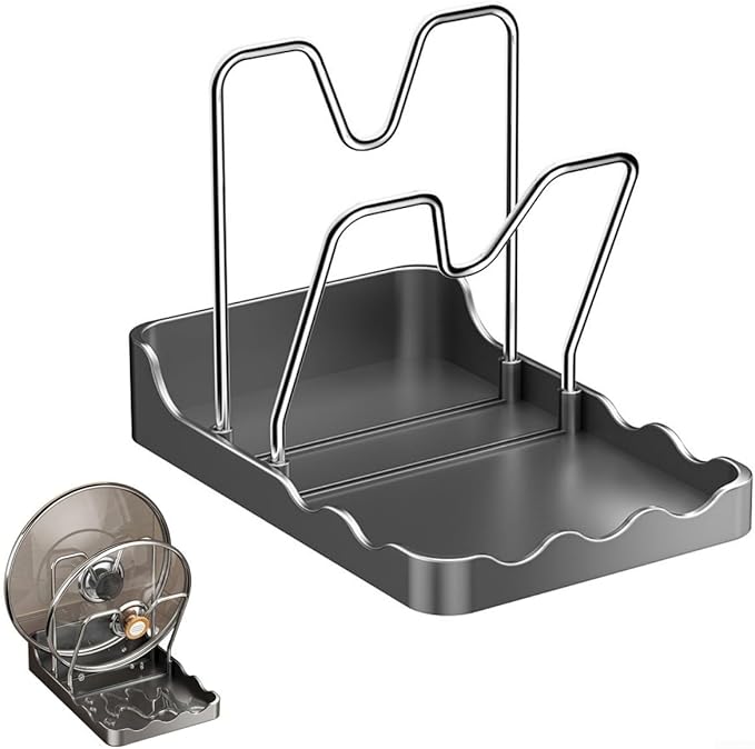 Pot Lid Holder for Kitchen Countertop - 2-in-1 Pot Lid Organizer with Spoon Rest and Rag Holder, PP + Stainless Steel Storage Rack, Grey(B)