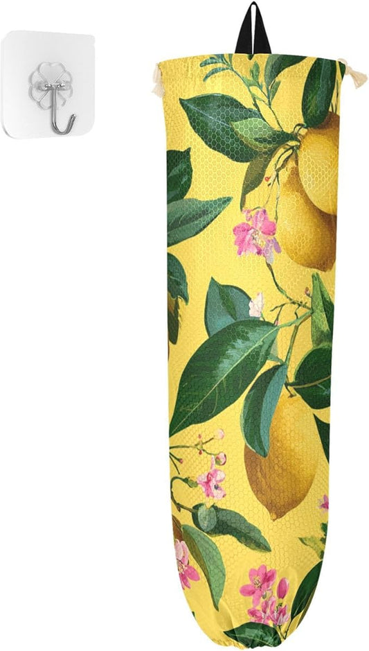 Plastic Bag Holder Wall Mount Grocery Bag Shopping Bag Storage Holder Organizer Dispenser with Adhesive Hook,for Kitchen Bathroom Home Decor 9x22 Inches Lemons and Floral Pink14