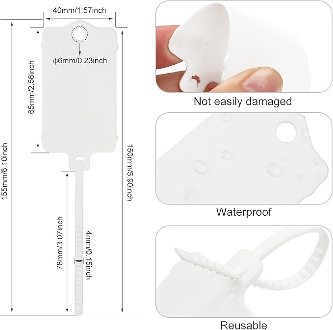 LeadSeals 100pcs Blank Plastic Tags for Labeling Reusable Hanging Tags Ties Key Tag Storage Labels Waterproof Plastic Mark Label Writable Hang Sign with One Marker Pen (White)