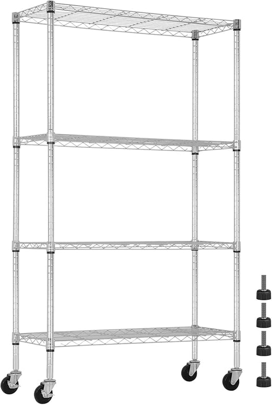 4 Tier Shelving Unit 62" H Adjustable Metal Shelves w/Wheels Heavy Duty Storage Shelf 1400Lb Capacity Garage Shelving Storage Wire Shelving for Kitchen, 36" L x 14" D x 62" H, Chrome