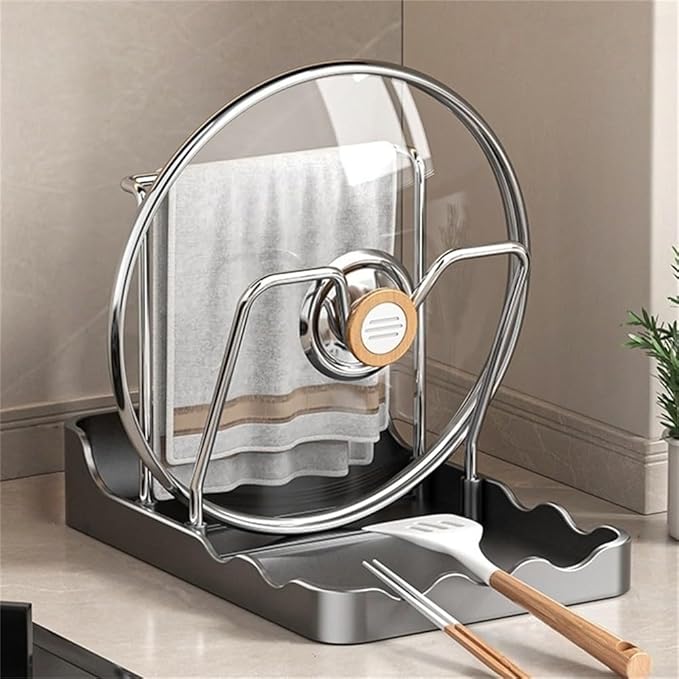Pot Lid Holder for Kitchen Countertop - 2-in-1 Pot Lid Organizer with Spoon Rest and Rag Holder, PP + Stainless Steel Storage Rack, Grey(B)