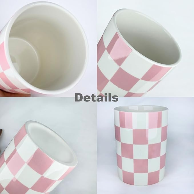 Checkered Utensil Holder, 4.13''x5.71 Utensils Caddy for Kitchen Counter, Medium Size Utensil Crock for Countertop, Utensils Organizer Storage for Parties Dining-Modern Pink and White