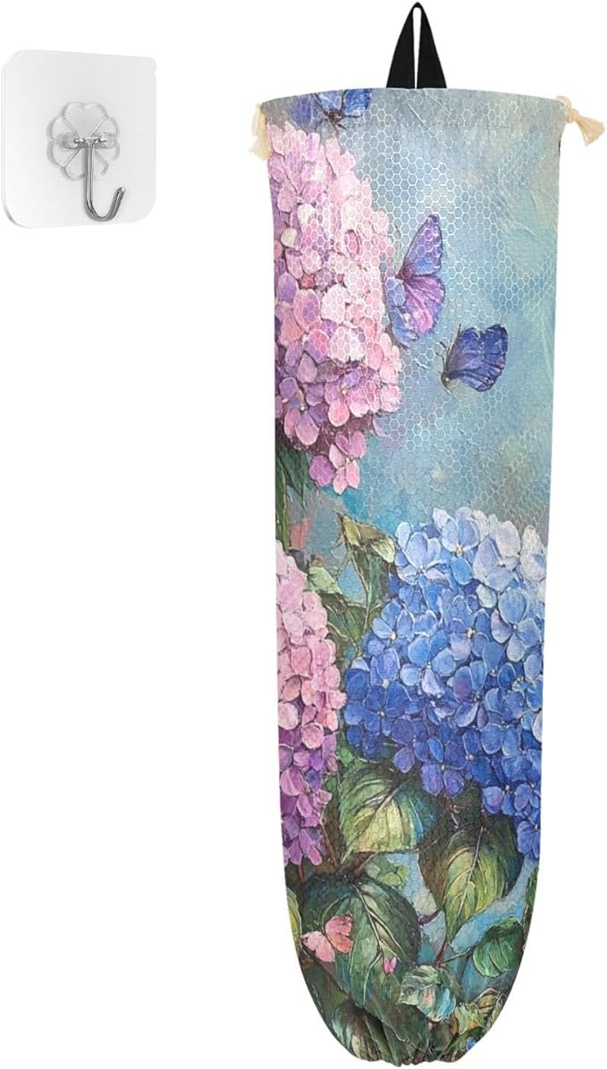 Plastic Bag Holder Wall Mount Grocery Bag Shopping Bag Storage Holder Organizer Dispenser with Adhesive Hook,for Kitchen Bathroom Home Decor 9x22 Inches Hydrangea with Butterfly19