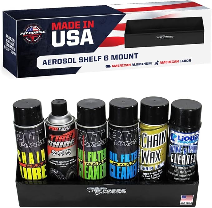 Pit Posse 566BK 6 Mount Aerosol Shelf Rack Garage Trailer Holder Storage Organizer - Made in USA - Aluminum Shop Cabinet Enclosed Race Trailer - Holds 6 Aerosol Cans - Automotive Accessories (Black)