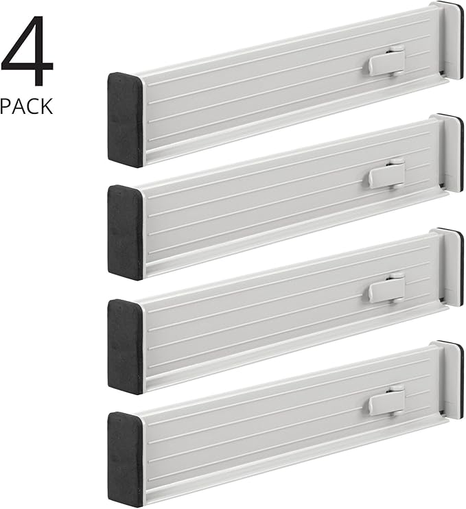 mDesign Expandable Dresser Drawer Divider with Foam Ends, Drawer Divider Locks in Place, Separators for Clothing and Accessories in Closet or Dresser Drawer, Ligne Collection, 4 Pack, Stone