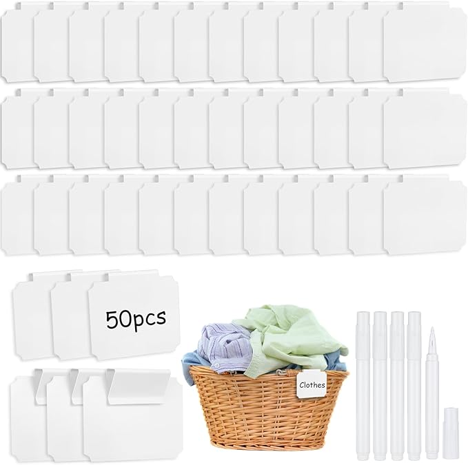 YooNotee 50 Pcs White Basket Labels Clip with 4 Black Chalk Markers Reusable Plastic Storage Bin Erasable Labels Kitchen Pantry PVC Tag Stickers for Fabric Cubes Basket Box Organization