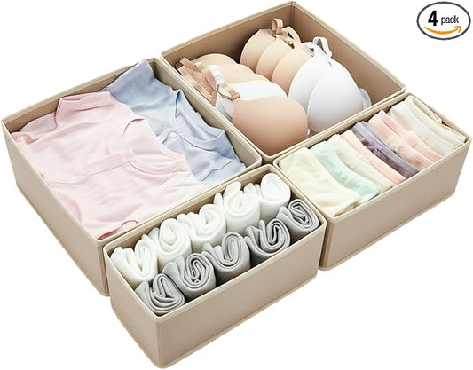 Drawer Organizer Set 4 Pack - Foldable 11" Fabric Storage Bins with Zipper Bottom for Underwear Socks Bras Baby Clothes - Closet Dresser Dividers for Bedroom Nursery, Khaki
