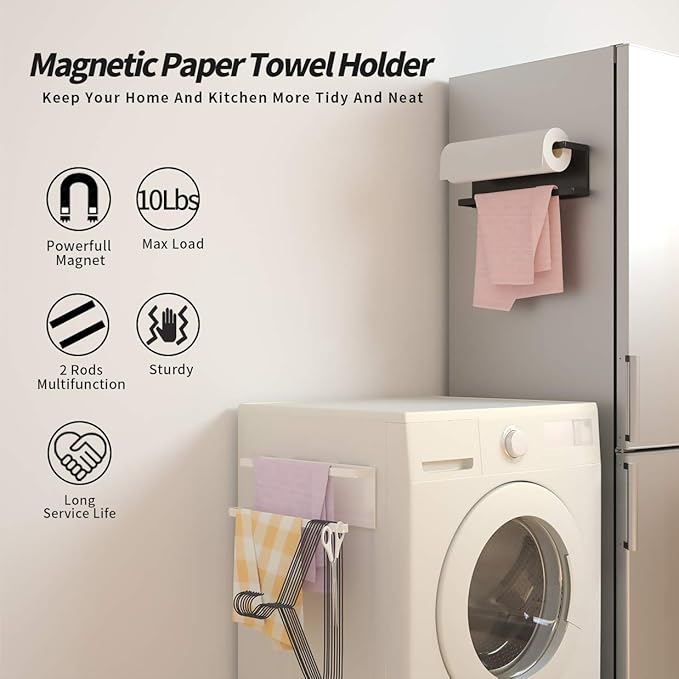 Magnetic Paper Towel Holder for Refrigerator, Kitchen Towel Bar Magnetic Paper Rack Multi Function Made of Iron,Used for Kitchen,Bathroom,Toilet, Drill Free (White, Medium)