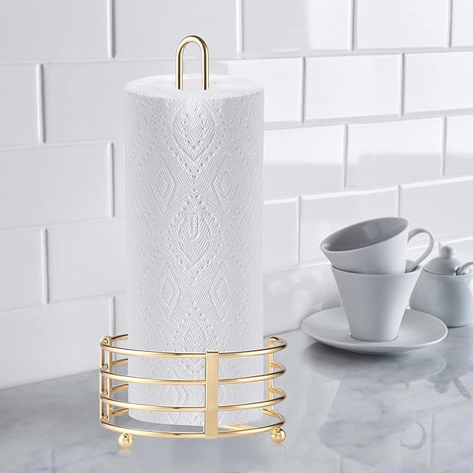 Buruis Paper Towel Holder for Countertop, Metal Standing Paper Towel Dispenser with U-Shape Handle and Stable Base, Gold