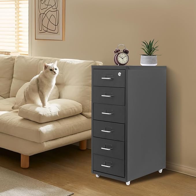 6-Drawer File Cabinet with Lock & Wheels, Vertical Metal Filing Cabinet for Home Office - Black Storage Organizer for A4/Letter Documents, Assembly Required